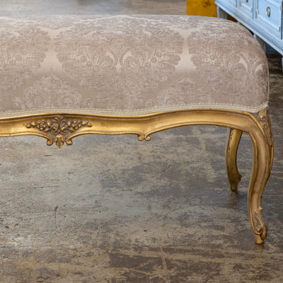 Louis XV Gilded Bench – Taupe Damask Upholstery