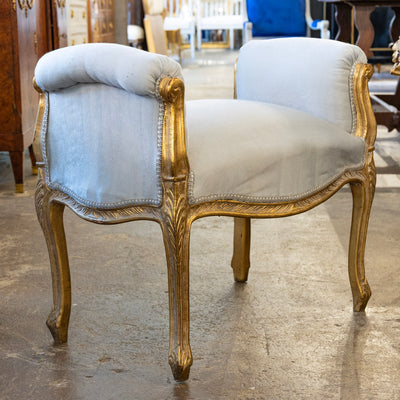 Louis XV Vanity Bench – Gilded Frame & Pale Blue Velvet Upholstery