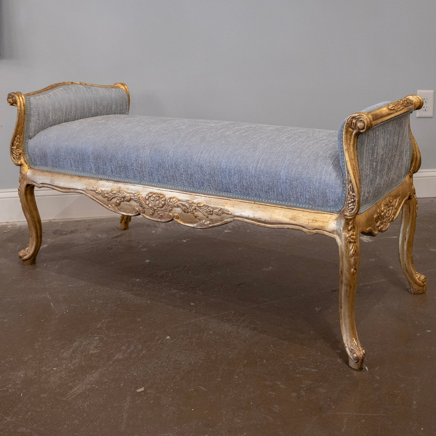 Louis XV Gilded Bench – Carved & Blue Silk Weave Upholstery
