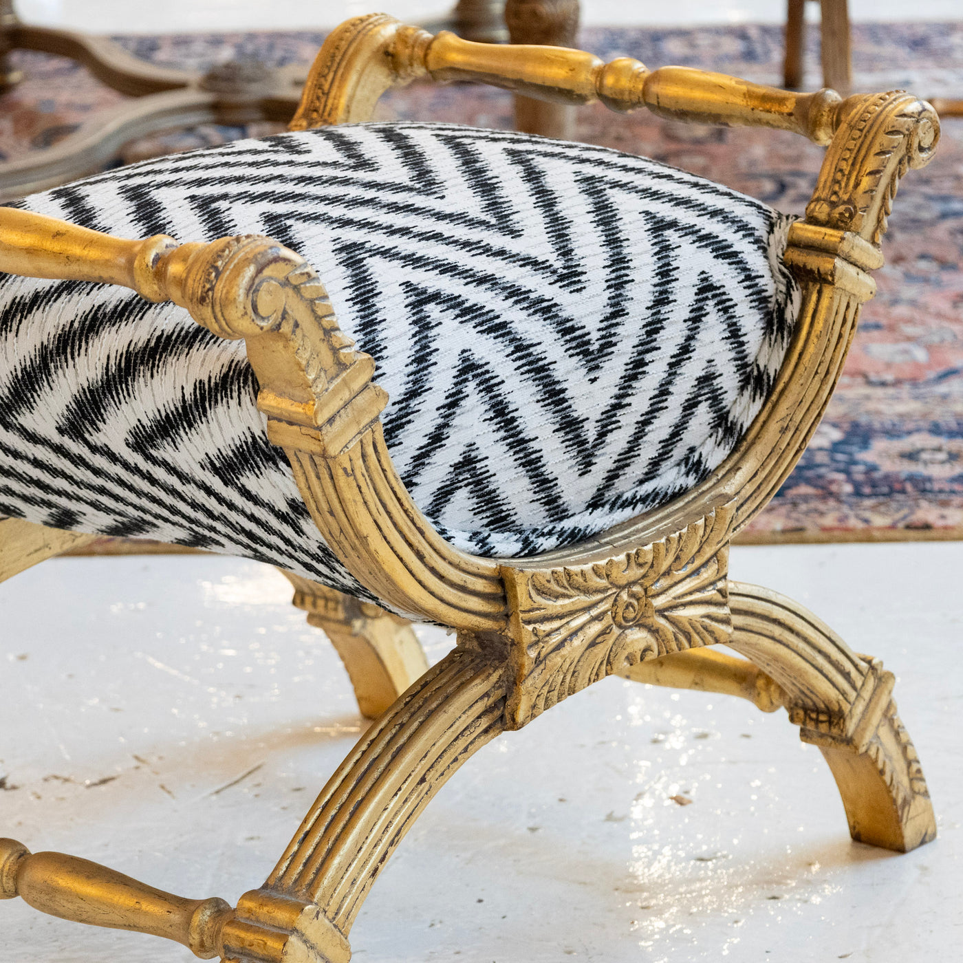Gilded Boudoir Stool – Black and White Linen Chevron Upholstery