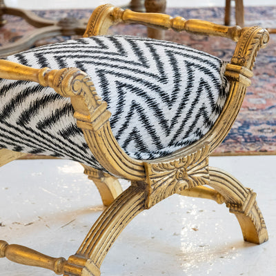 Gilded Boudoir Stool – Black and White Linen Chevron Upholstery