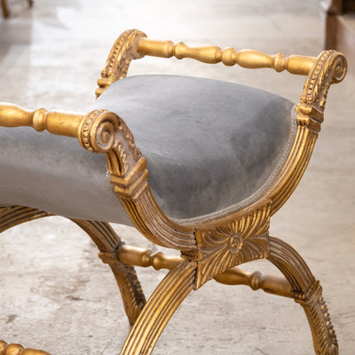Gilded Boudoir Stool – Muted Blue Velvet Upholstery