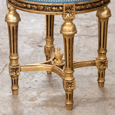 Louis XVI Round Gilded Stool – Powder Blue Velvet Upholstery