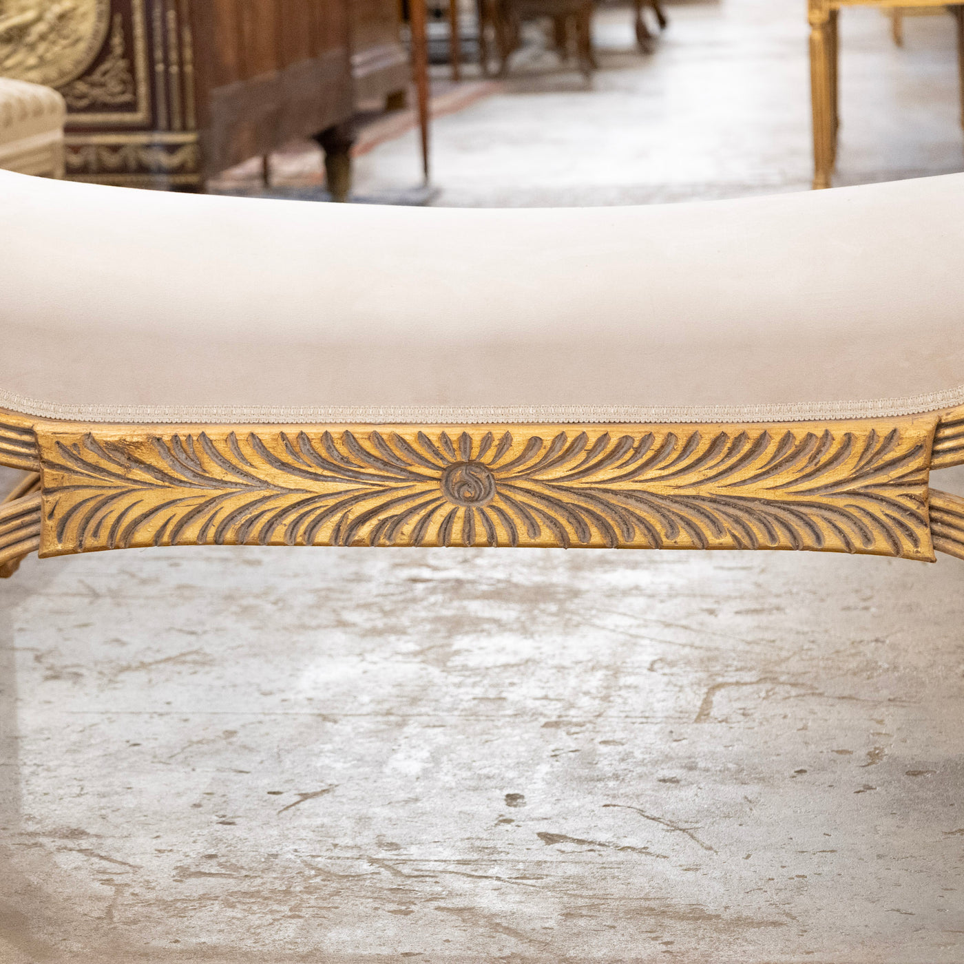 Boudoir Bench – Gilded Carvings & White Velvet Upholstery