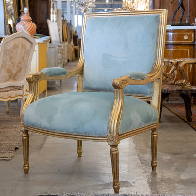 Louis XVI Captain Chair in Blue – Gilded Frame & Velvet Upholstery