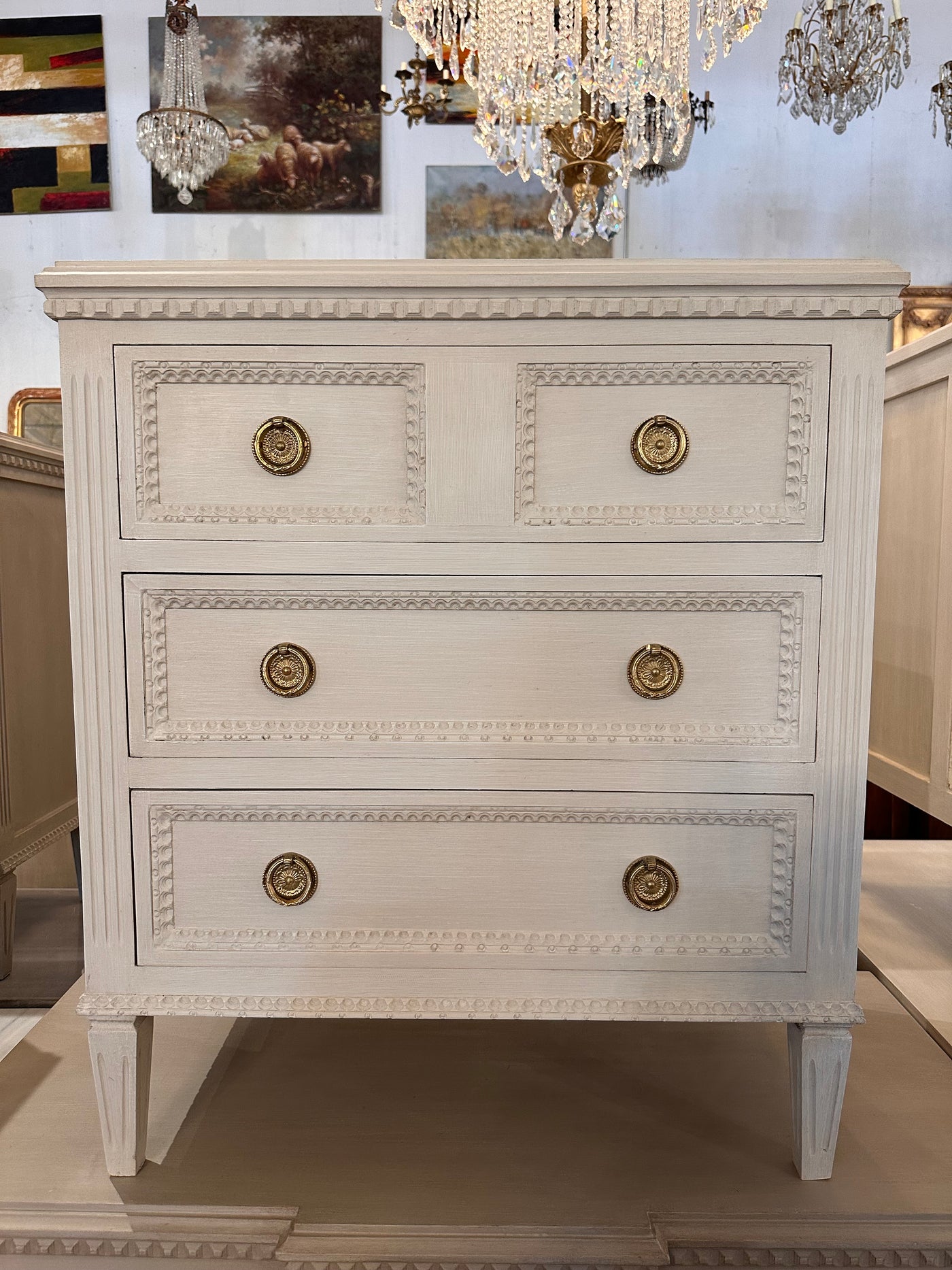 White Swedish Nightstand with Beaded Trim | Le Chateau | European Luxury Furniture in Atlanta