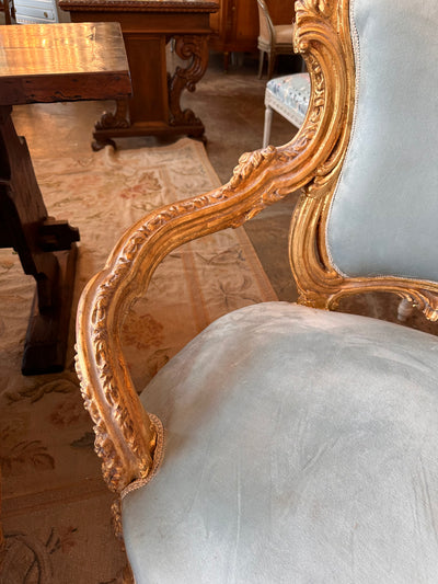 Pair of Louis XV Baby Blue Velvet Arm Chairs | Le Chateau | European Luxury Furniture in Atlanta