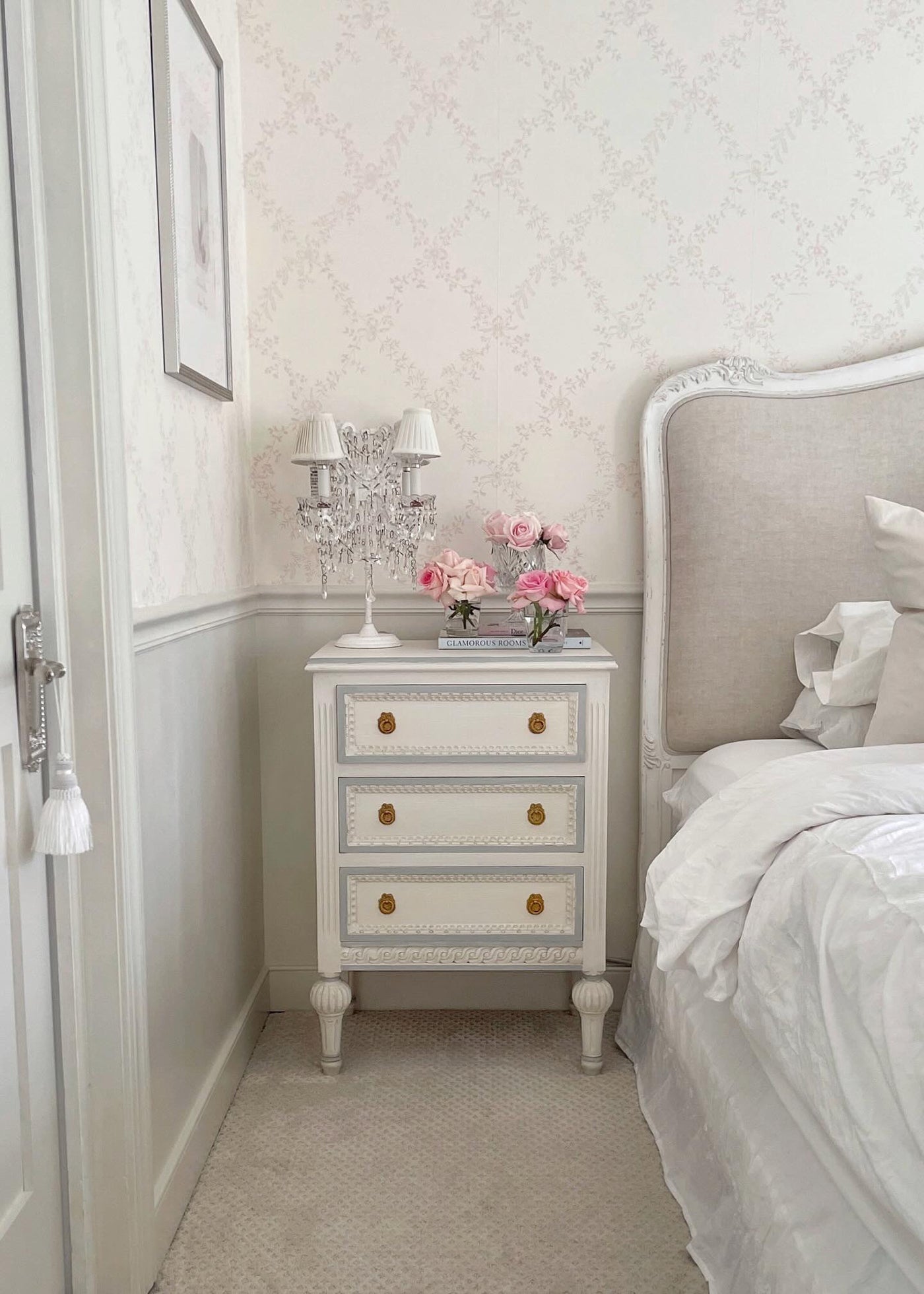 Swedish Nightstand with Ballerina Legs in an Off-White with Light Blue Trim