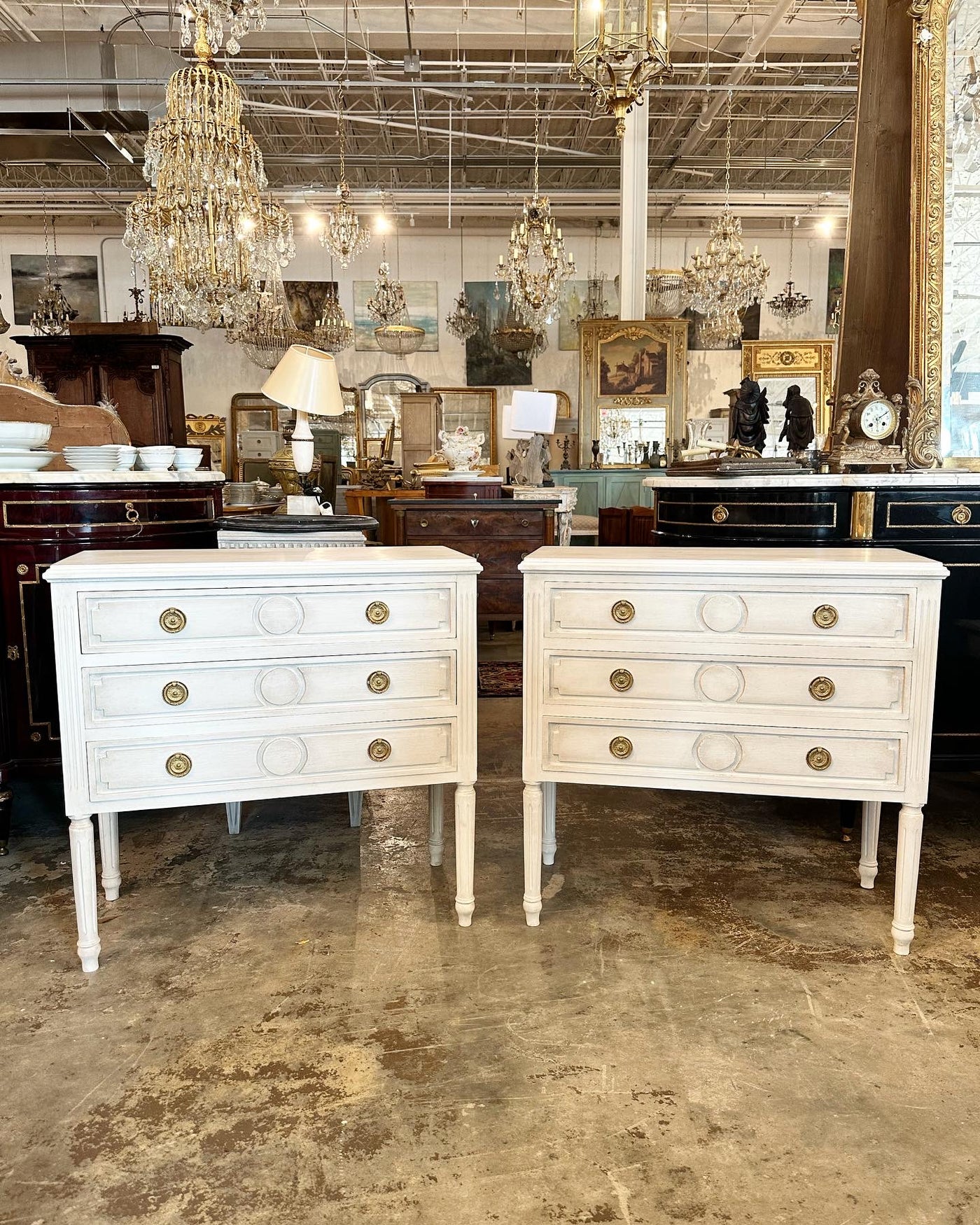 Antique Swedish Chest with Long Legs and Circle Carving | Le Chateau | European Luxury Furniture in Atlanta