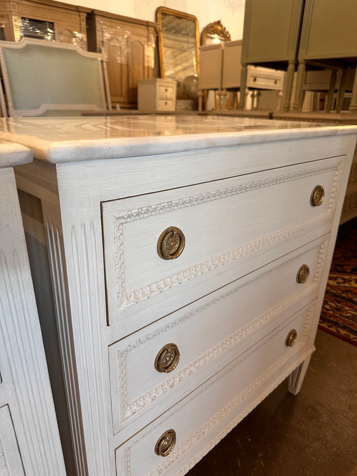 Swedish Beaded Front Nightstand with Marble Top