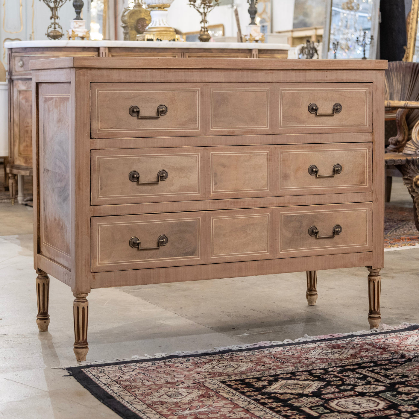 Louis XVI Stripped Burl Wood 3-Drawer Chest - Square Brass Handle