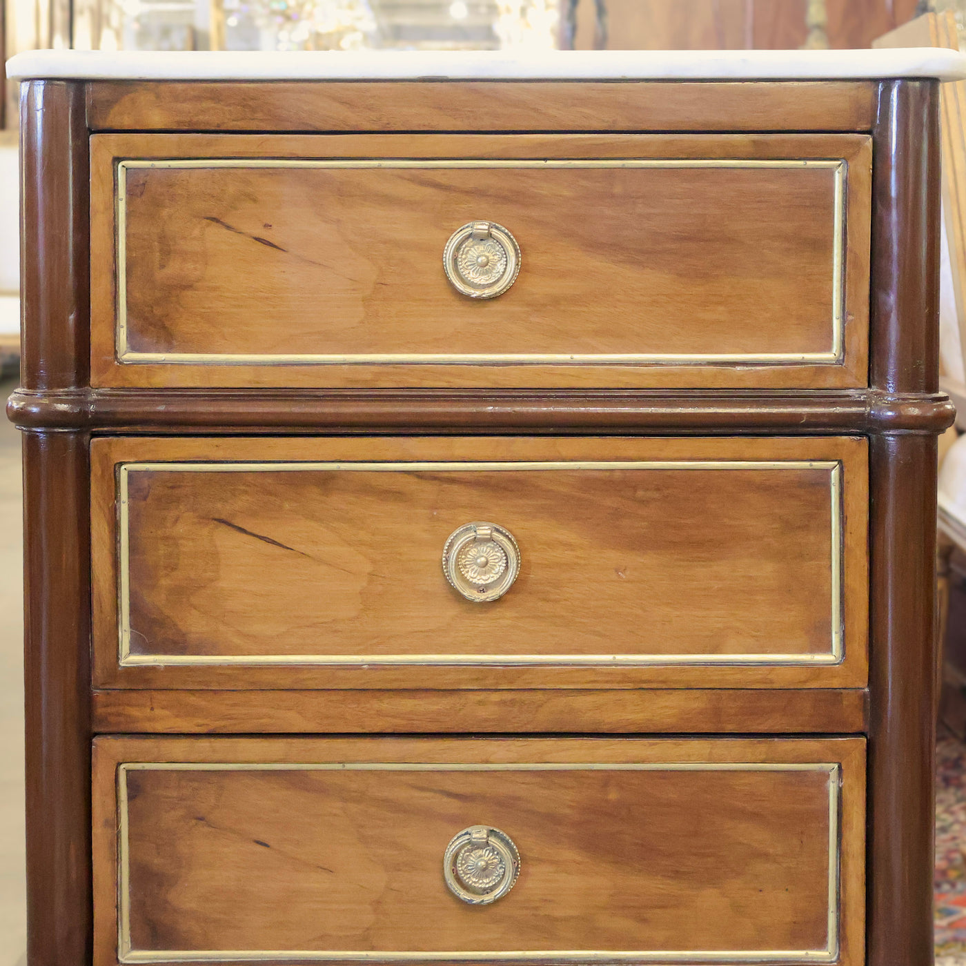 Louis XVI Burl Wood Square Nightstand –Rounded Marble Top & Brass Pulls