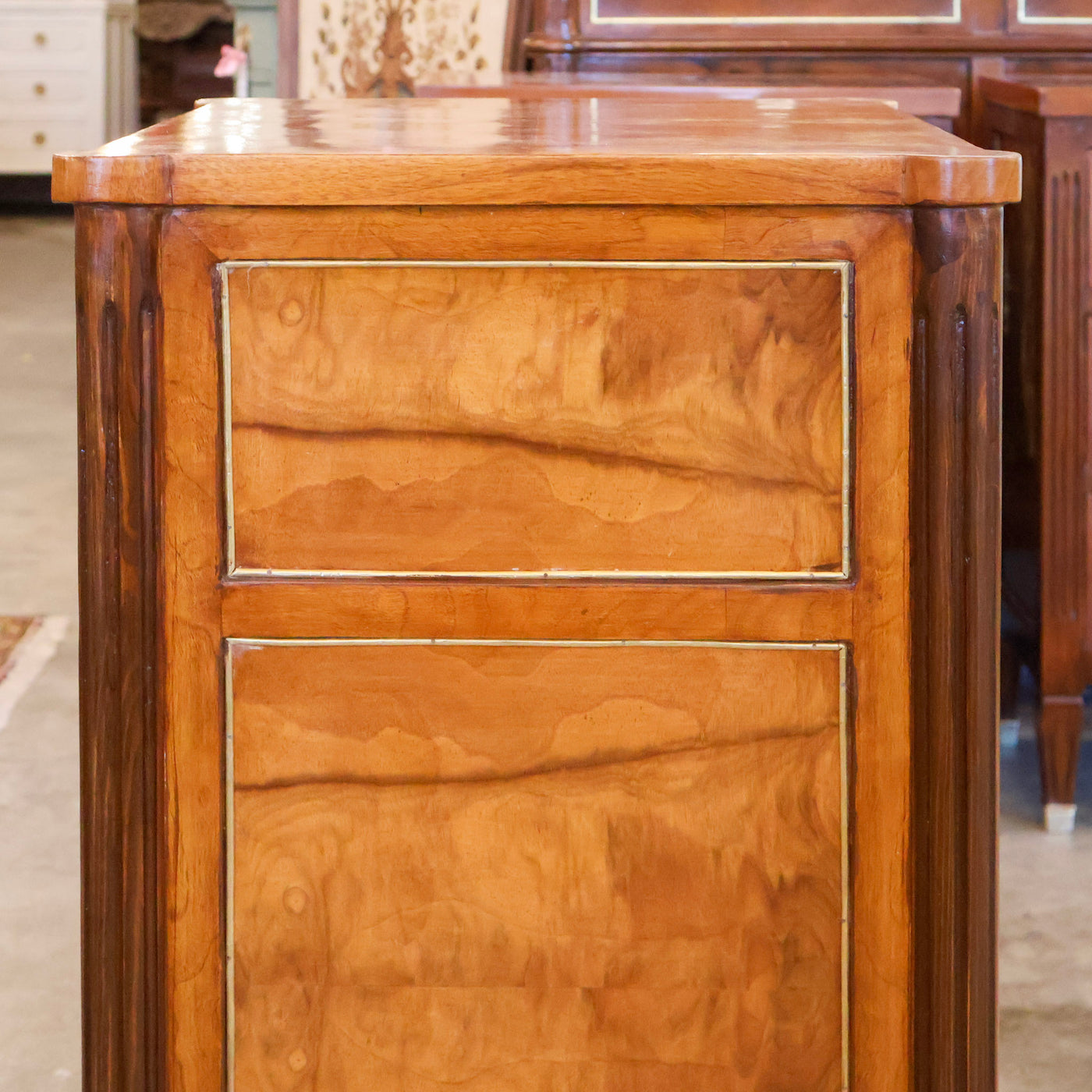 Louis XVI Burl Wood Nightstand with Rounded Wood Top & Large Brass Pulls