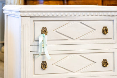 Swedish 3-Drawer Nightstand – Diamond Trim & Fluted Ballerina Legs in White