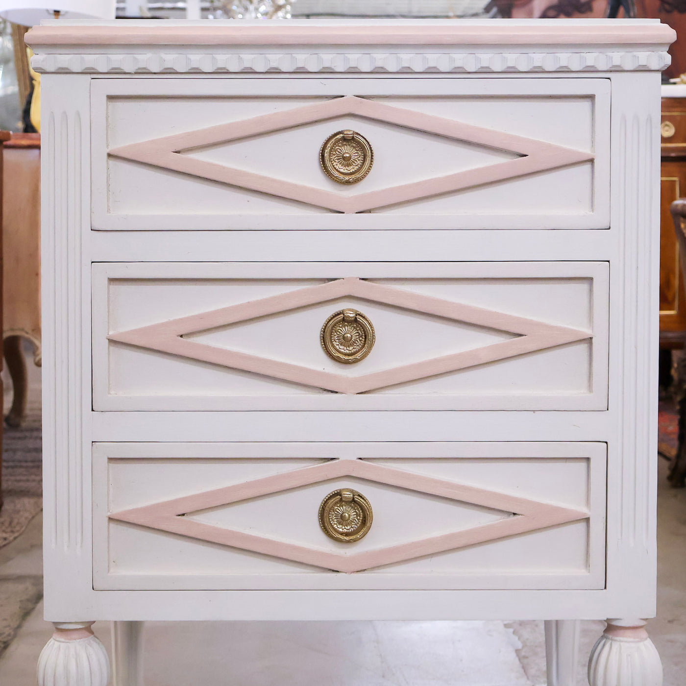 Swedish 3-Drawer Nightstand – Pink Diamond Trim & Ballerina Legs