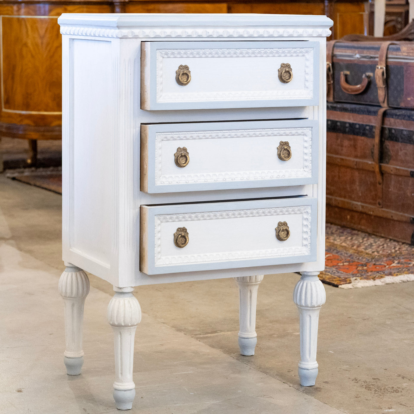 Swedish 3-Drawer Nightstand – Blue Beaded Trim & Ballerina Legs