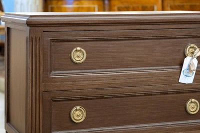 Swedish 2-Drawer Nightstand –  Brass Pulls & Tall Fluted Legs in Brown
