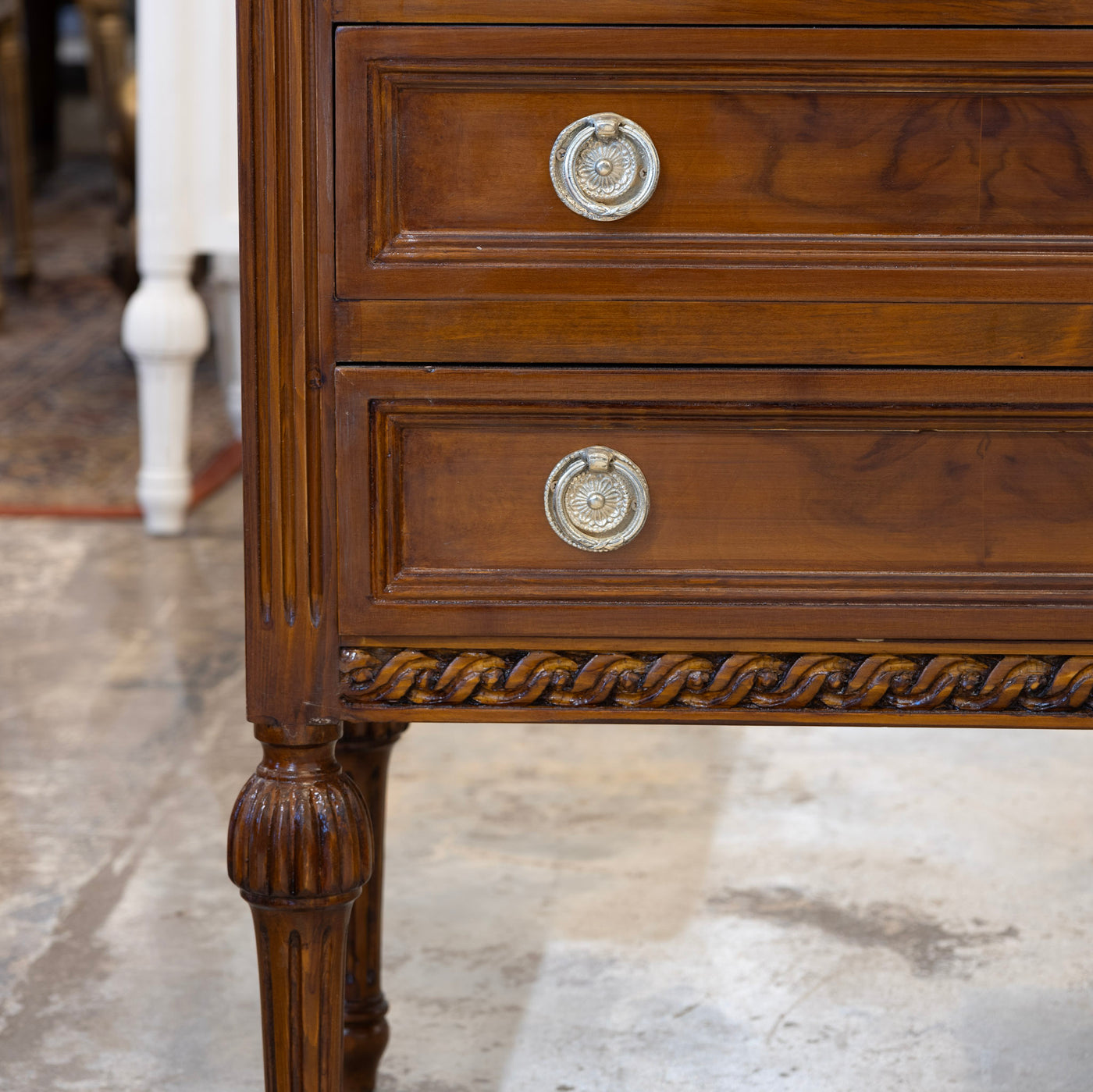 Louis XVI Nightstand – Burl Wood & Marble Top