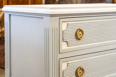 Swedish 2-Drawer Chest – Reeded Drawer & Tall Rounded Fluted Legs in Soft Blue