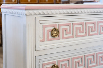 Swedish 3-Drawer Chest – Pink Greek Key Detailing & Beaded Trim in White
