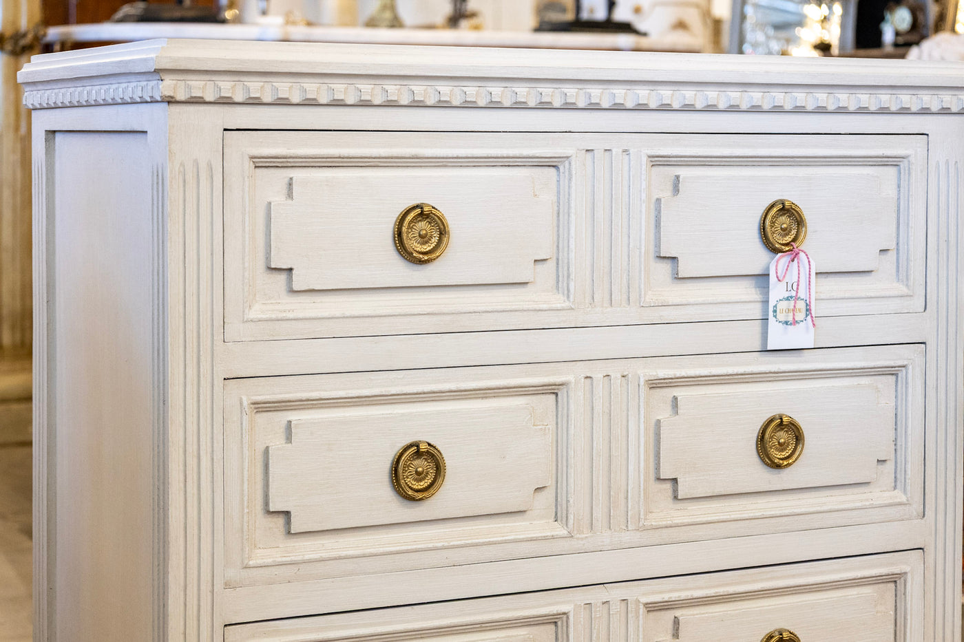 Swedish 3-Drawer Dresser – Multi-Parted Reeded Drawers & Brass Pulls in White
