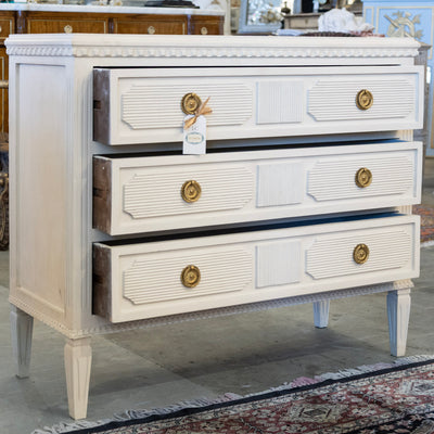 Swedish 3-Drawer Dresser – Reeded Drawer Trim & Tapered Legs in White
