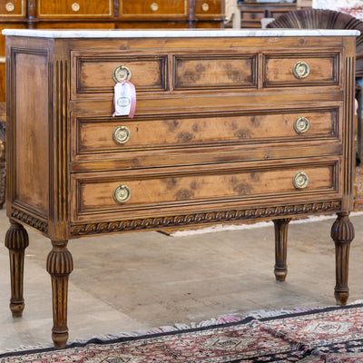 Louis XVI 3-Drawer Dresser – Honey Burl Wood & Marble Top