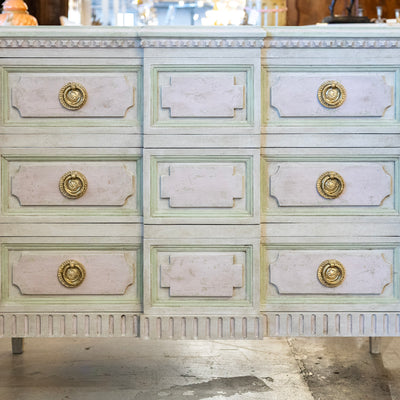 Swedish 3-Drawer Dresser – Beveled Drawers & Distressed Pink-Green Finish