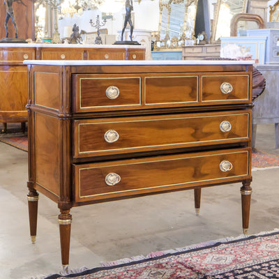 Louis XVI Burl Wood Chest with White Marble Top, Brass Ring Pulls & Tapered Brass Legs