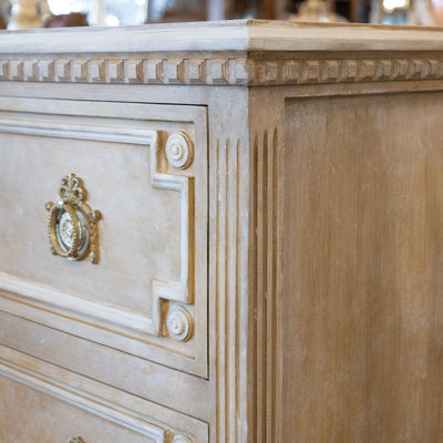 Swedish 2-Drawer Dresser – Open Carved Drawer with Wreath Detailing and Distressed Apricot Finish