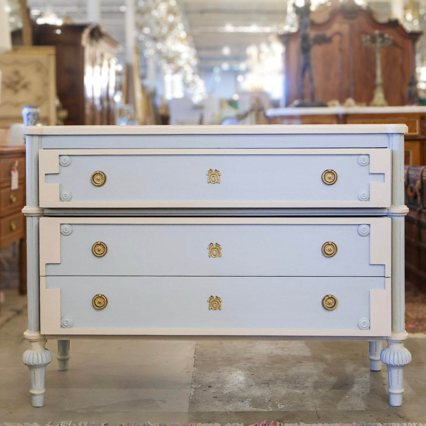 Swedish Blue 3-Drawer Dresser – Large Brass Pulls & Ballerina Legs