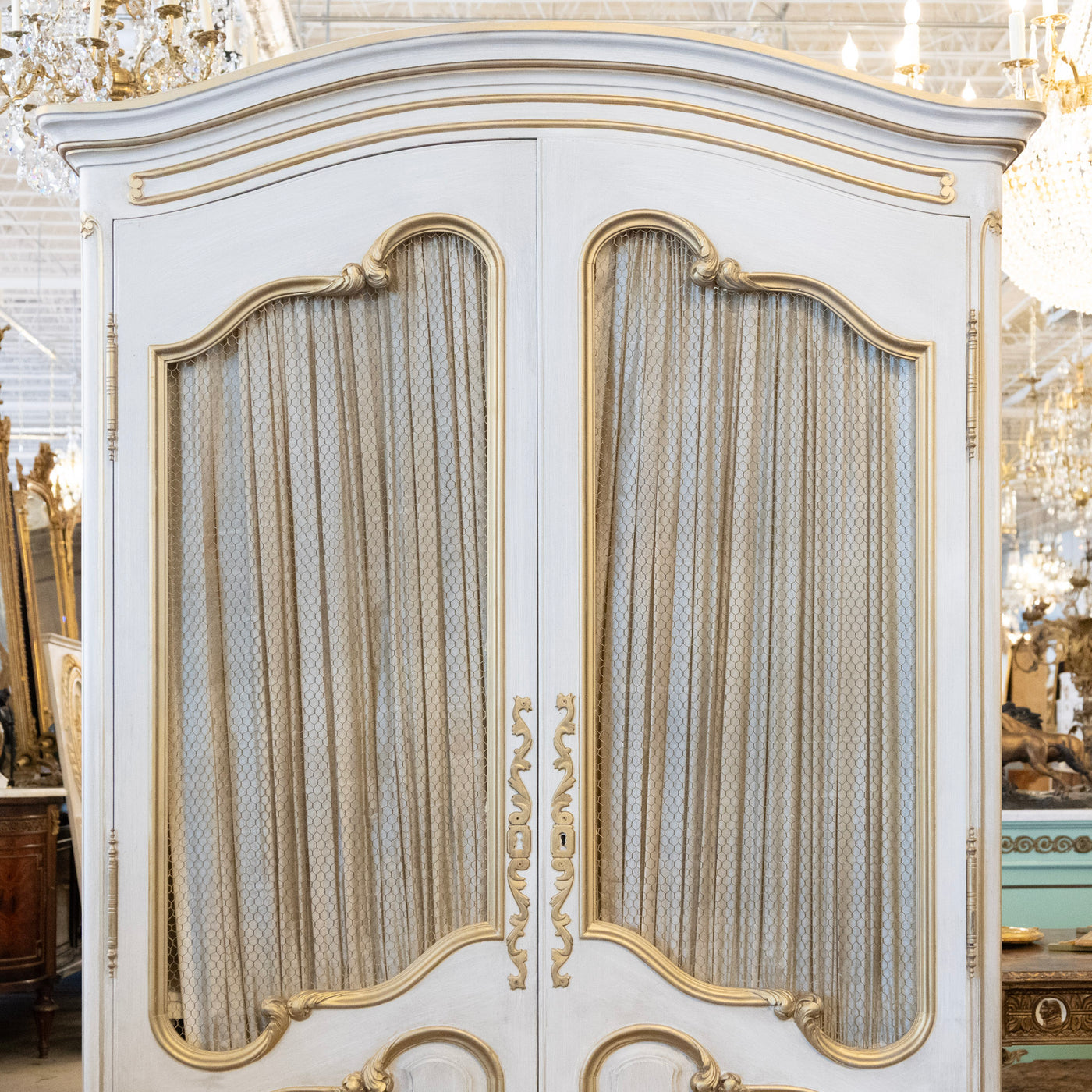 Louis XV Armoire – White Distressed Finish with Gold Trim and Fabric P ...