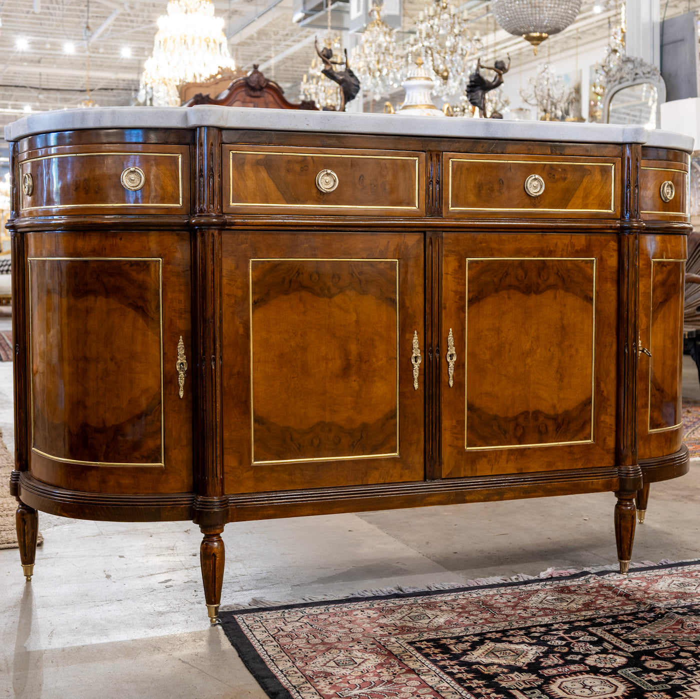 Louis XVI Demilune Sideboard – Burl Wood with Marble Top and Gold Accents