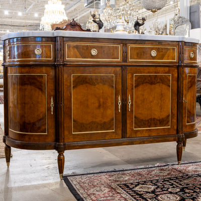Louis XVI Demilune Sideboard – Burl Wood with Marble Top and Gold Accents