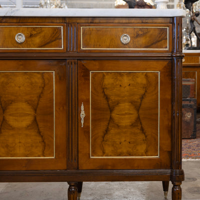 Louis XVI Square Sideboard – Burl Wood & White Marble Top and Gold Trim