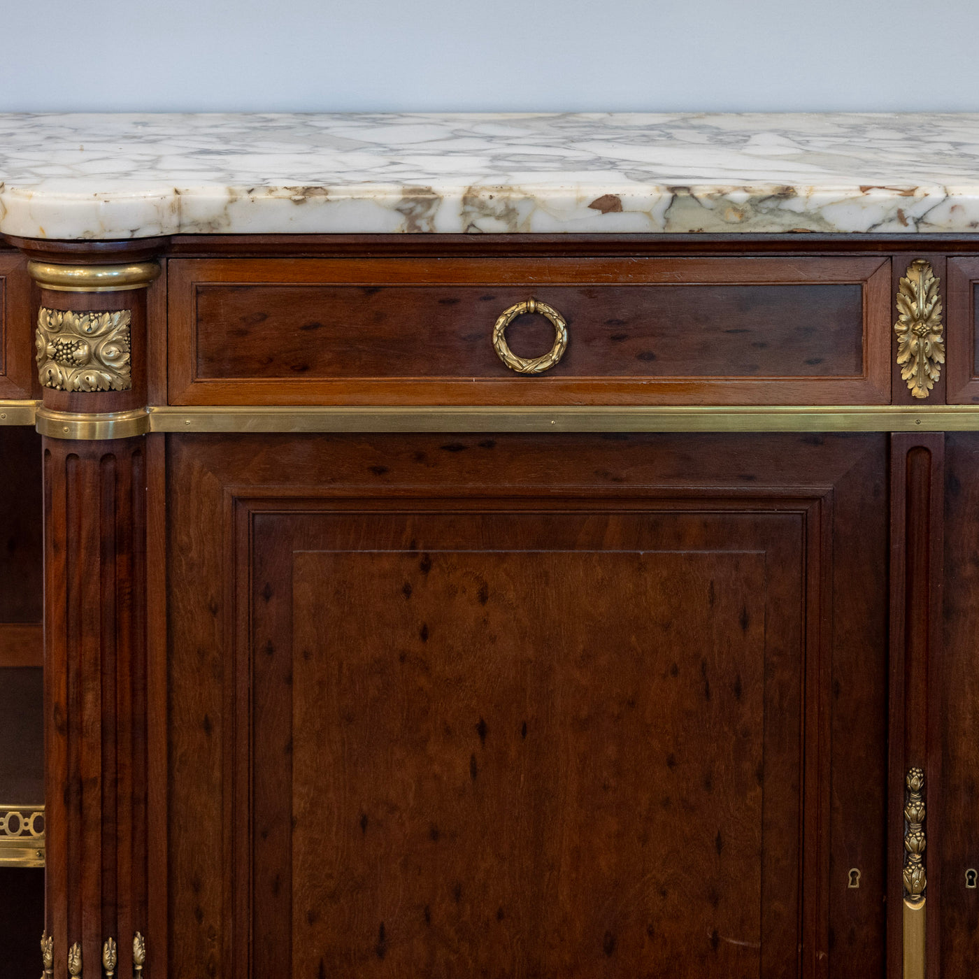 Louis XVI Burl Walnut Demilune Sideboard – Calacatta Vagli Oro Marble Top & Bronze Ormolu