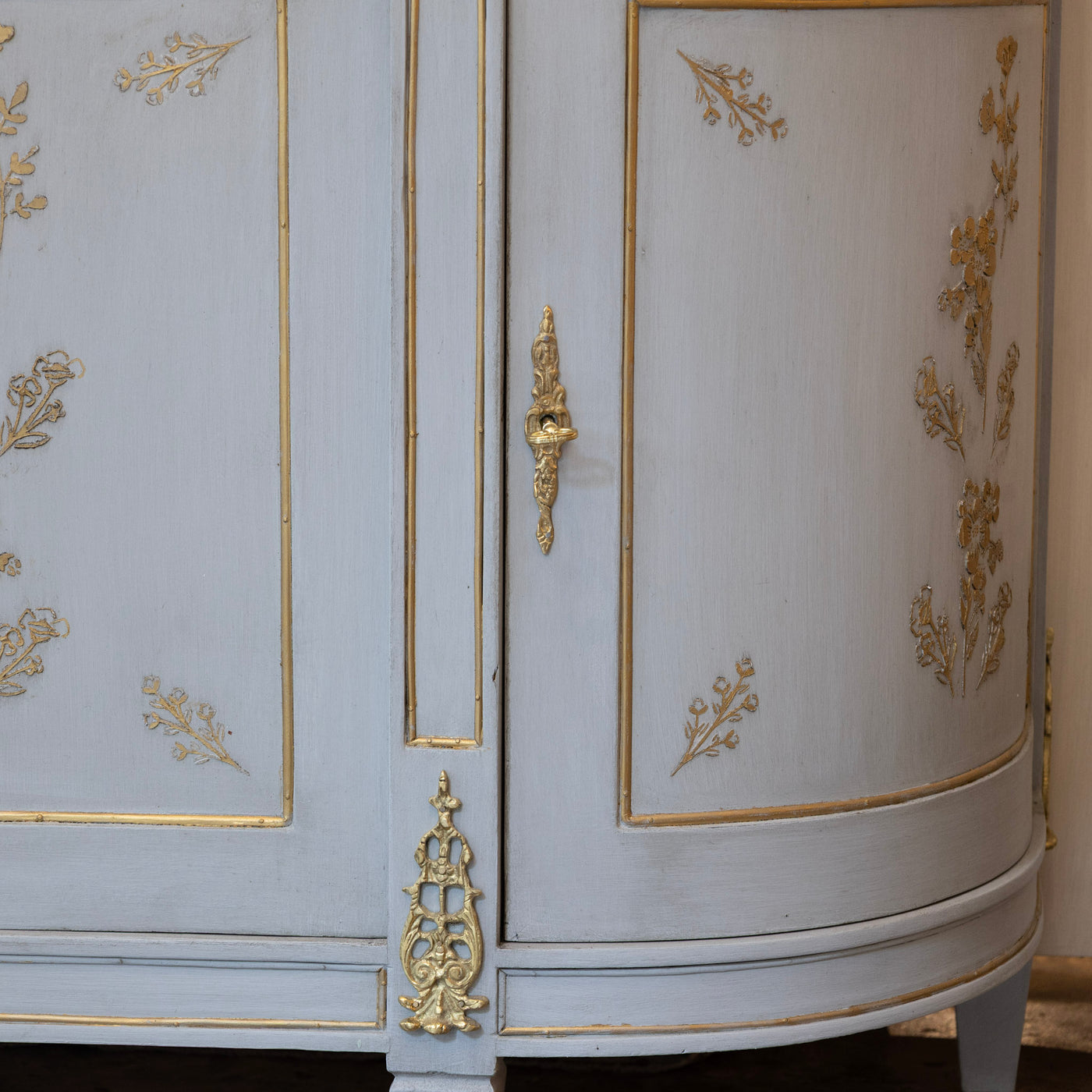 Louis XVI Blue Hand Painted Sideboard – Gilded Floral Detailing & White Marble Top