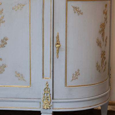 Louis XVI Blue Hand Painted Sideboard – Gilded Floral Detailing & White Marble Top