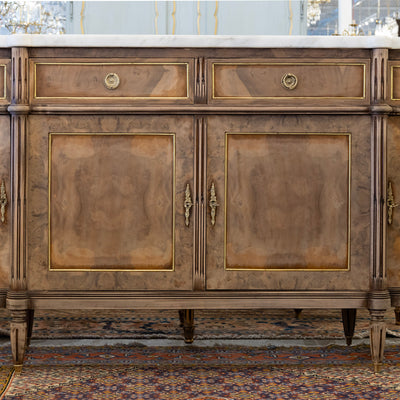 Louis XVI Demilune Sideboard – Stripped Burl Wood with White Marble Top