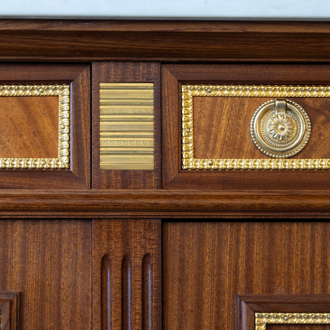Louis XVI Burl Wood Demilune Sideboard – Gilded Bronze Accents & White Marble Top