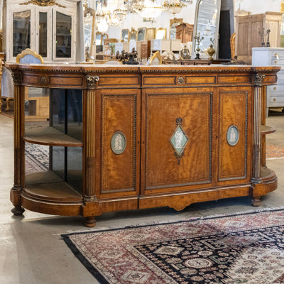 French Empire Demilune Sideboard – Neoclassical Medallions & Curved Mirror Shelves