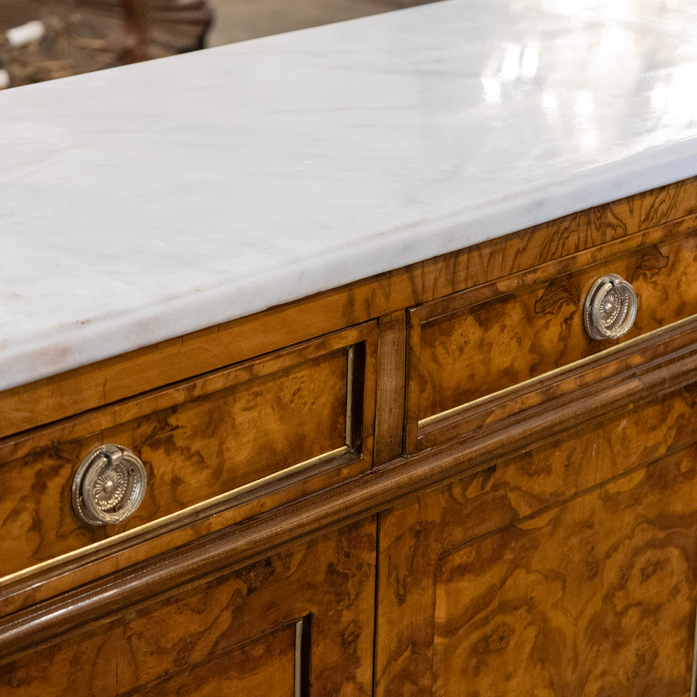 Louis XVI Burl Wood Sideboard with Brass Hardware & White Marble Top