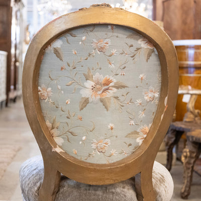 Louis XVI Round Dining Chair – Gold Frame & Green Velvet and Floral Upholstery