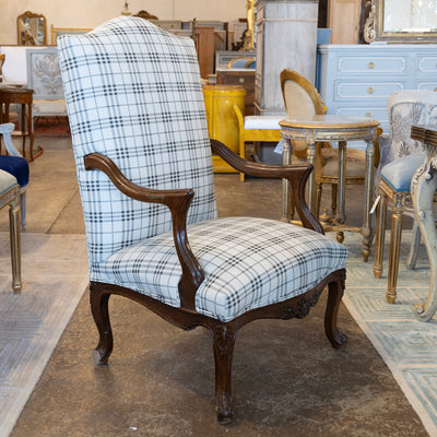 Louis XV Armchair – Walnut Frame & Black Plaid Upholstery