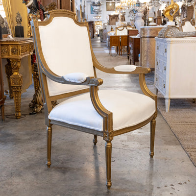 Louis XVI Armchair – Gilded Frame & White Linen Upholstery
