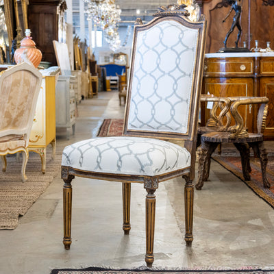 Louis XVI Dining Chair in White – Gilded Frame & Grey Trellis Upholstery