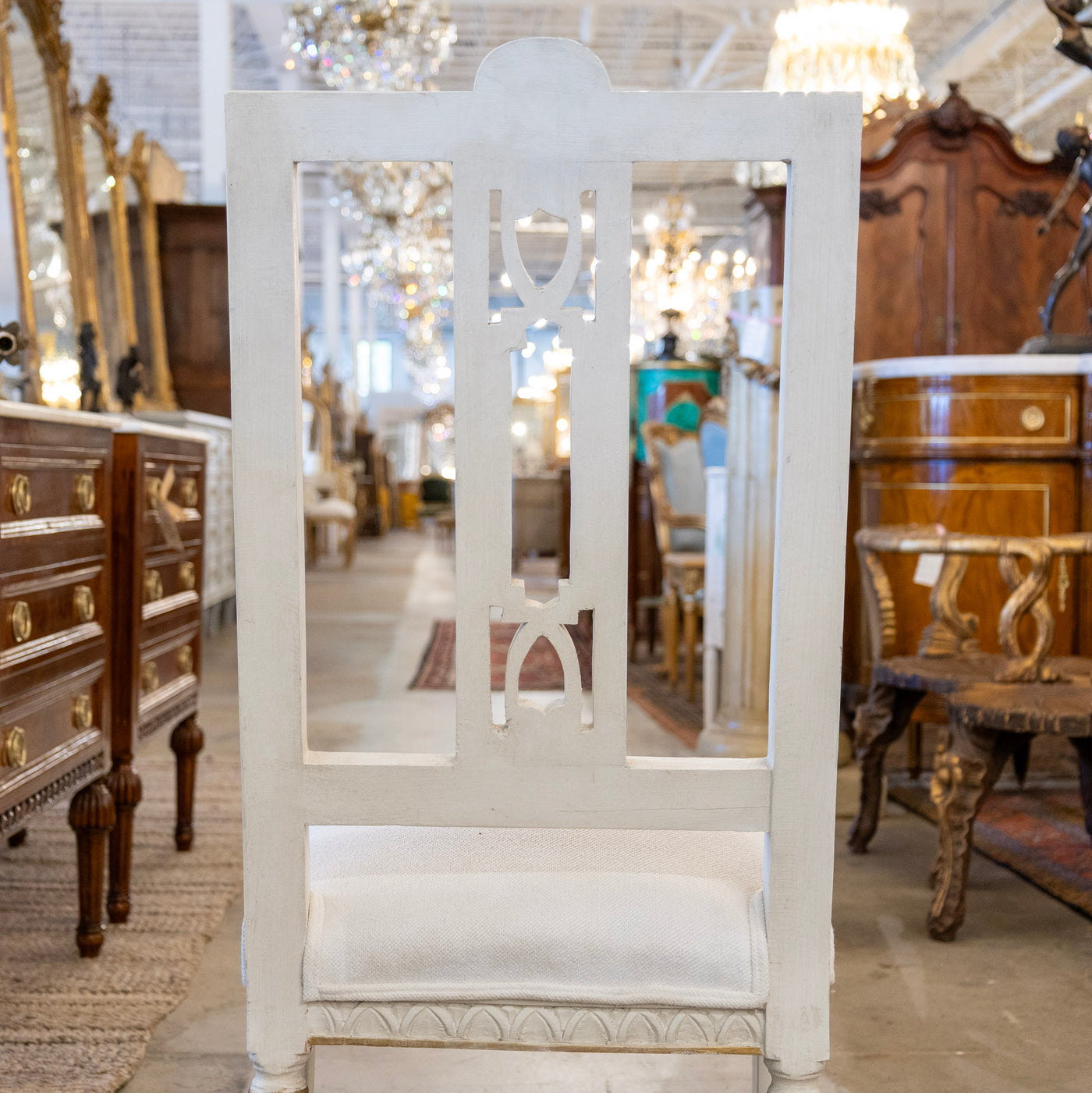 Swedish White & Gold Dining Chair – Carved Open Back & White Linen Upholstery