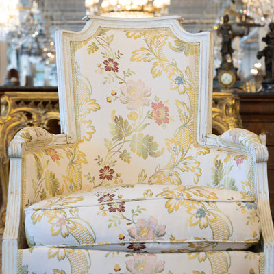 Pair of Louis XVI White Bergère Chair –Carved Frame & Original Floral Upholstery