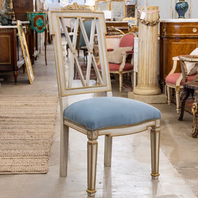 Louis XVI Dining Chair – Carved Open Back & Blue Velvet