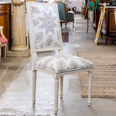 Louis XVI Dining Chair – White Frame & Paisley Upholstery